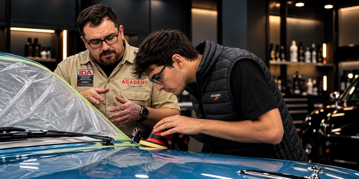 Leandro Landete, IDA Certified Detailer, enseñando corrección de pintura a un alumno en un curso de detailing en Valencia"